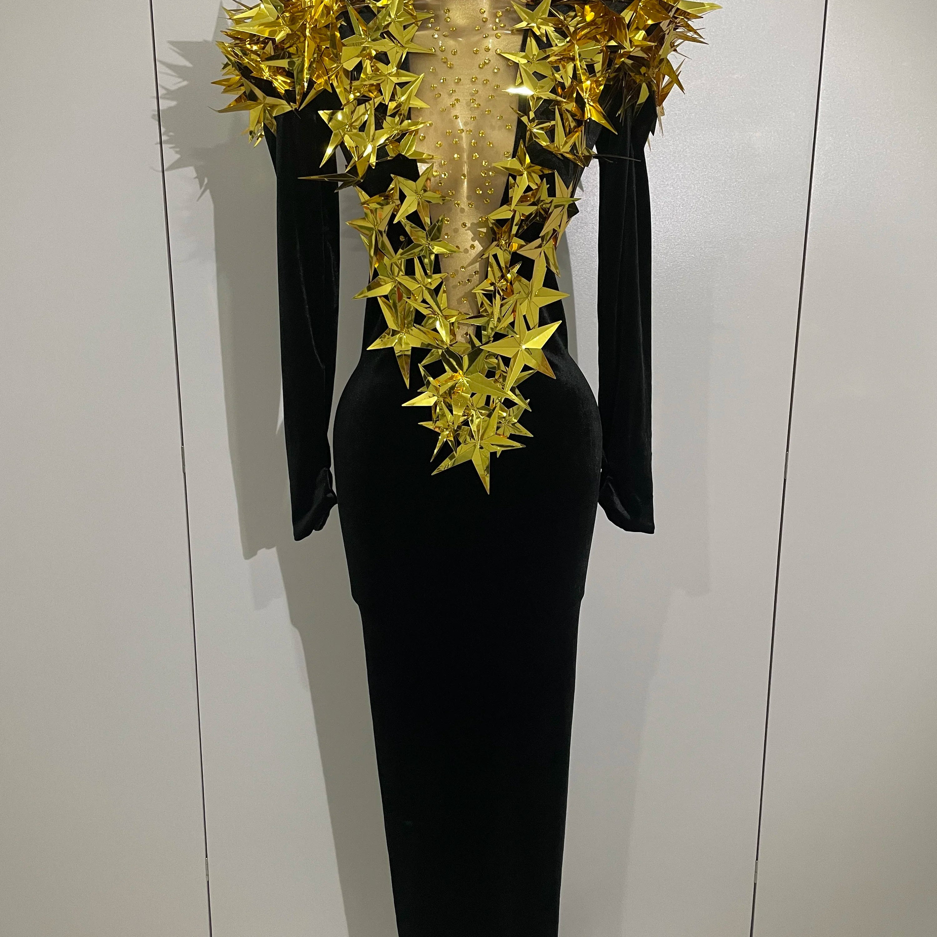 2025 New Shiny Gold Star Rhinestone Velvet Long Dress Women Evening Birthday Party Club Gala Hosts NightClub Bar Stage Costumes