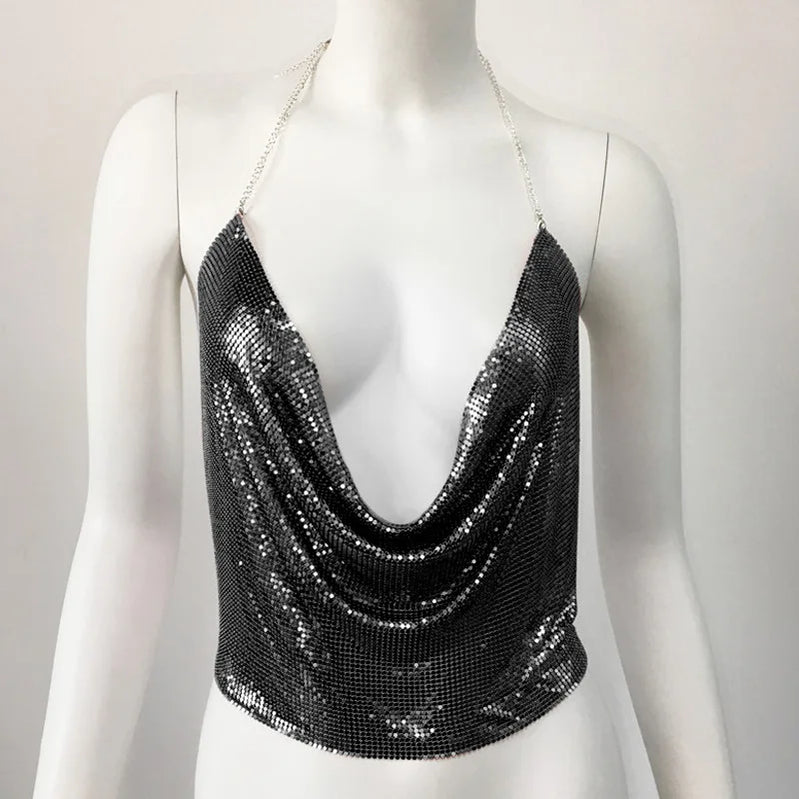 Sexy Rhinestone Backless Party Crop Top Women Glitter Turtleneck TShirt Adjustable Metal Chain Summer Nightculb Diamond Tank Top Black