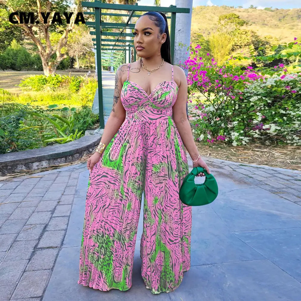 CM.YAYA Women Leopard Spaghetti Strap Loose Wide Leg Sleeveless Jumpsuit 2023 Summer Street Playsuit One Piece Suit Romper
