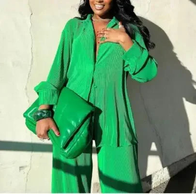 CM.YAYA Street Women's Set Long Sleeve Shirt Tops and Wide Leg Pants Elegant Tracksuit Two Piece Set Sweatsuit Fitness Outfits