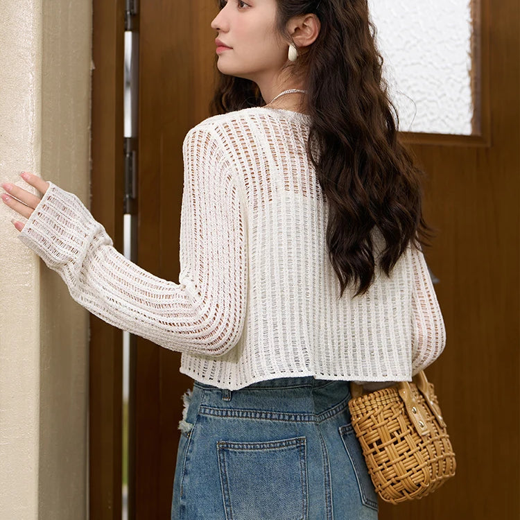 Hollow Out Knitted Cardigan Vest Two-piece Set for Women Summer Korean Sunscreen Single Breasted Sets