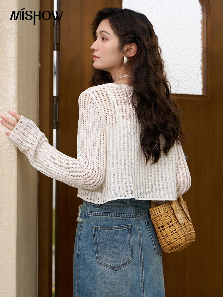 Hollow Out Knitted Cardigan Vest Two-piece Set for Women Summer Korean Sunscreen Single Breasted Sets