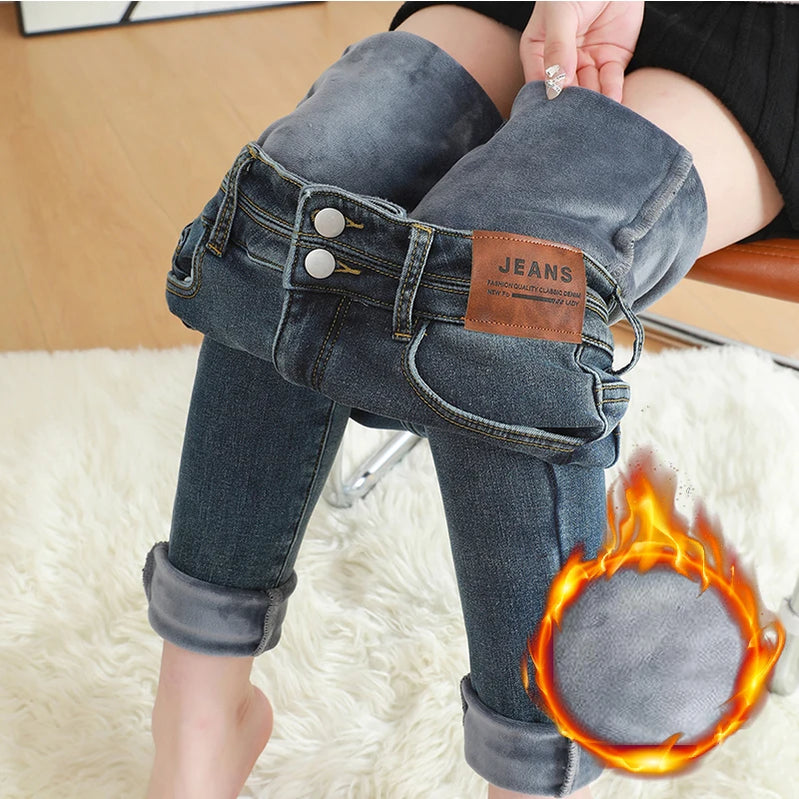 Winter Women's Fleece Thickened Jeans Elastic High Waist Skinny Fashion Slim Fit Velvet Pencil Denim Pants Black Blue blue Gray