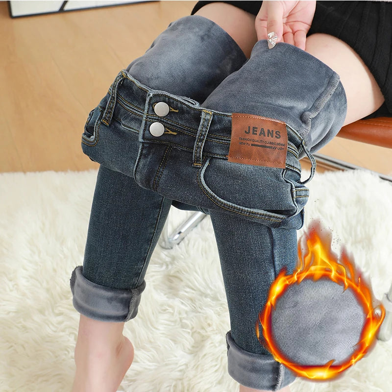 Winter Women's Fleece Thickened Jeans Elastic High Waist Skinny Fashion Slim Fit Velvet Pencil Denim Pants Black Blue blue Gray