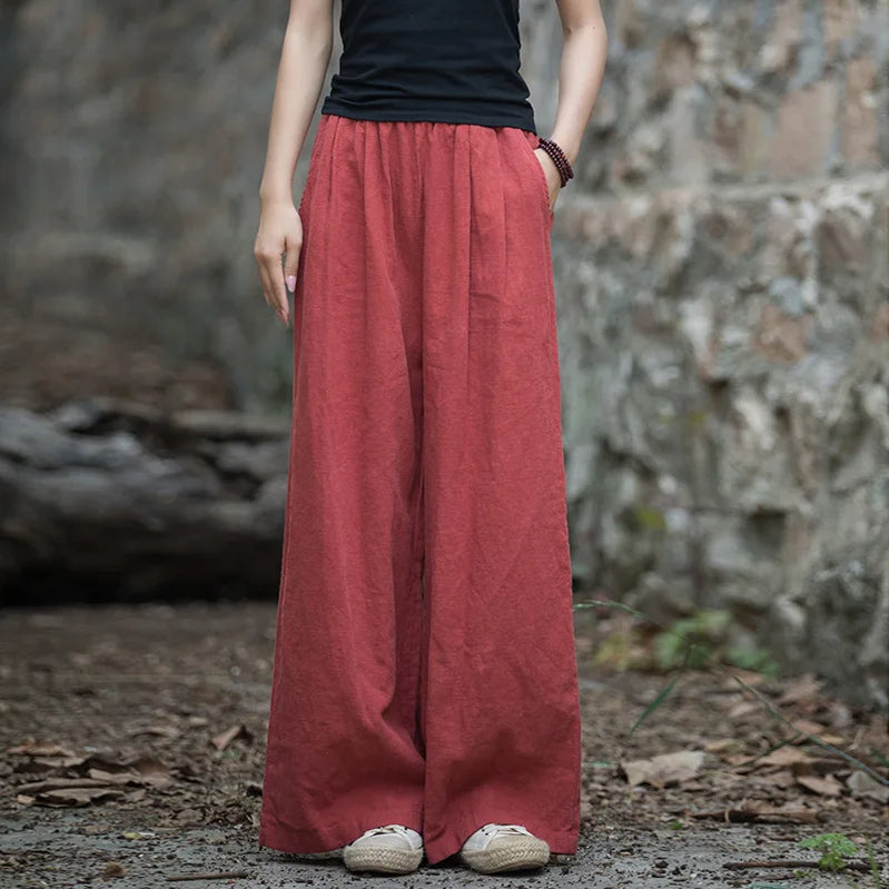 Vintage Casual Cotton Linen Female Pants Spring Summer Korean Style Elastic Waist Solid Women Long Straight Wide Leg Pants red One Size