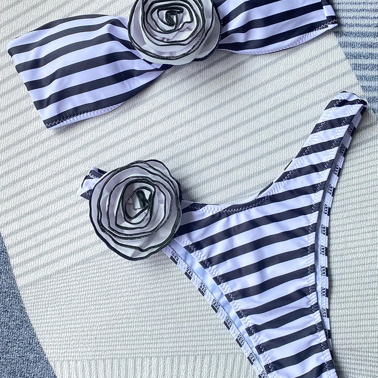 3D Flowers Brazilian Strapless Bandeau Bikini Female Swimsuit Women Swimwear Two-pieces Bikini Set High Cut Bathing Suit Swim B888Stripe