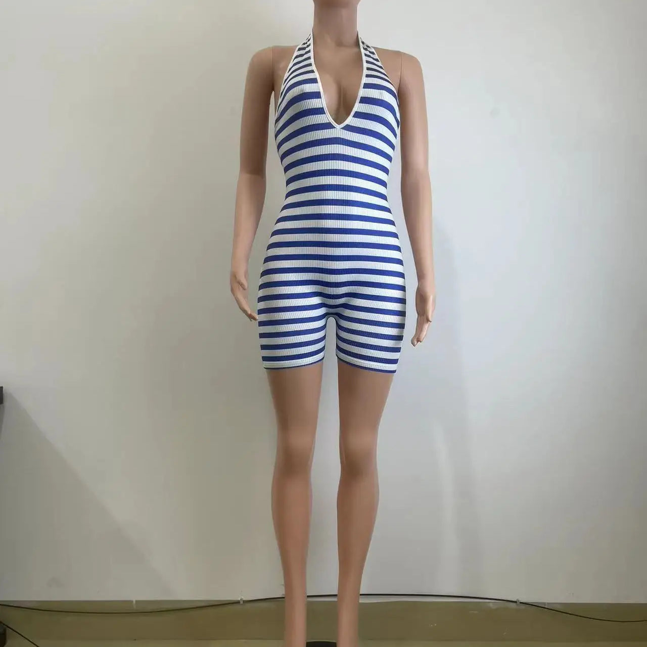 CM.YAYA Women Striped Sleeveless Halter Romper and Playsuit Backless Lace Up 2025 Summer Night Club Chic One Piece Suit Jumpsuit