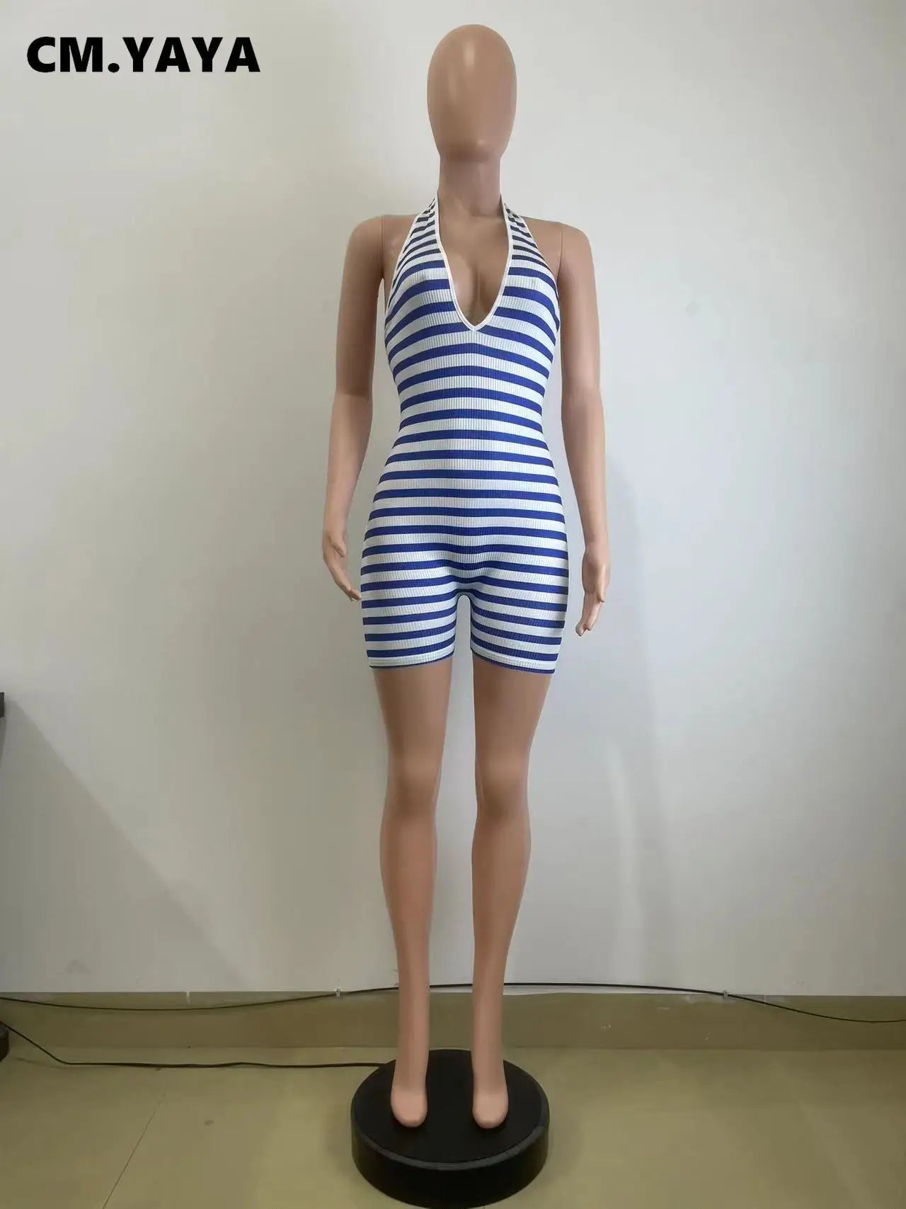 CM.YAYA Women Striped Sleeveless Halter Romper and Playsuit Backless Lace Up 2025 Summer Night Club Chic One Piece Suit Jumpsuit