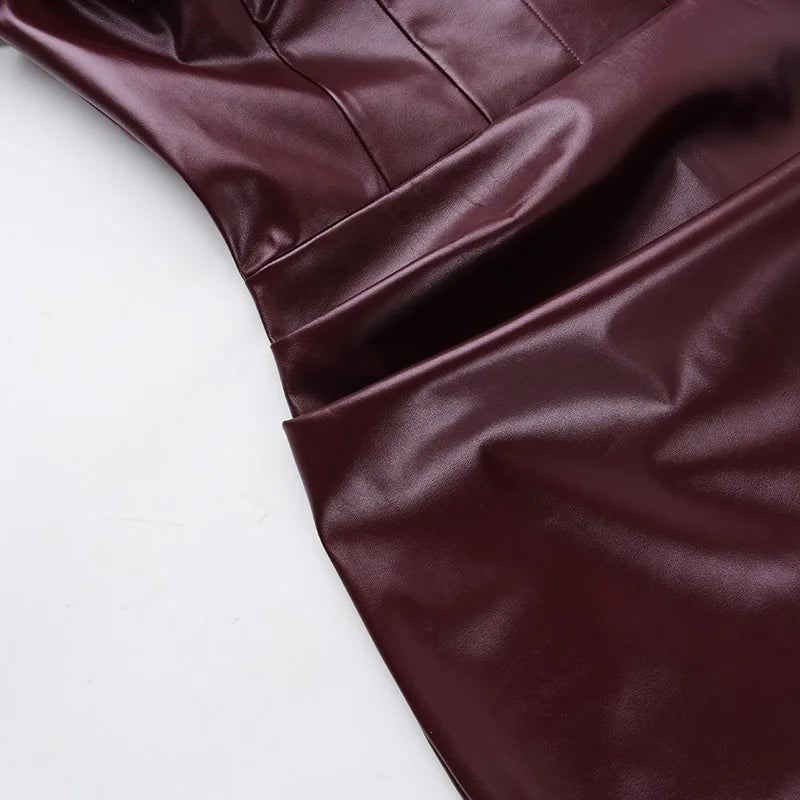 Women's Sexy Style Waist Shaping Drop Shoulder Sling Leather Dress One-Neck Smocked Long Skirt