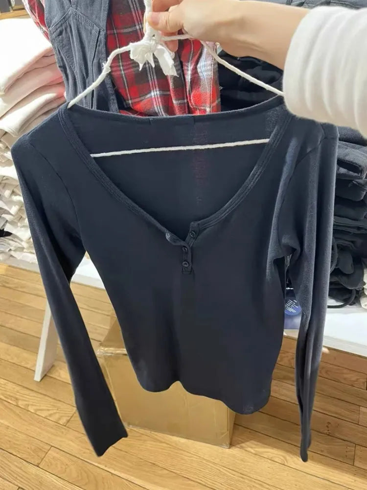 Casual Women Fashion Front Buttons Tees Fall Vintage O Neck Long Sleeves Solid Color T shirts Female Chic Tops