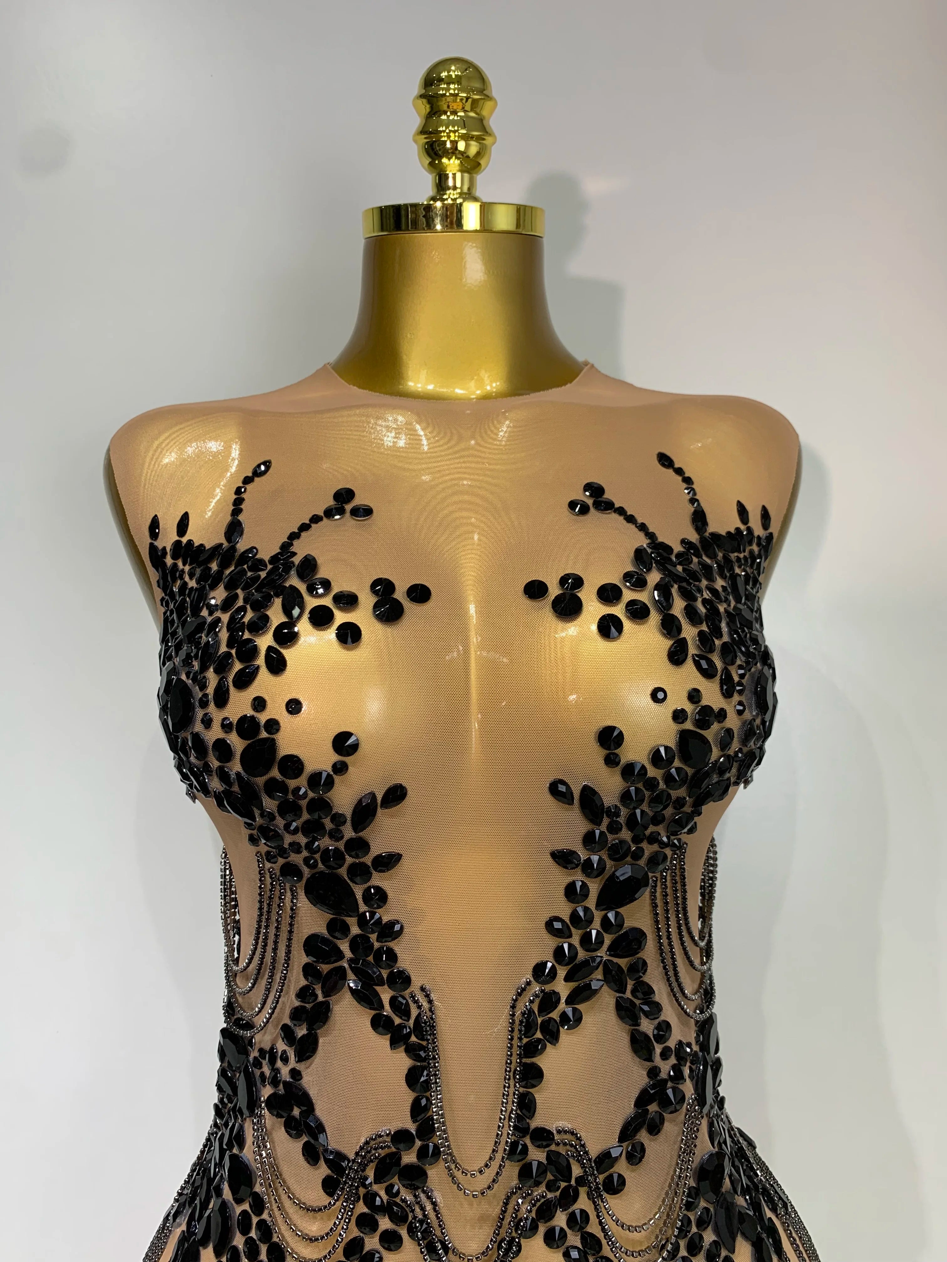 Luxury Rhinestones Chain Sleeveless Mini Dress Celebrity Elegant Sexy Performance Dance Nightclub Outfit Birthday Party Dress