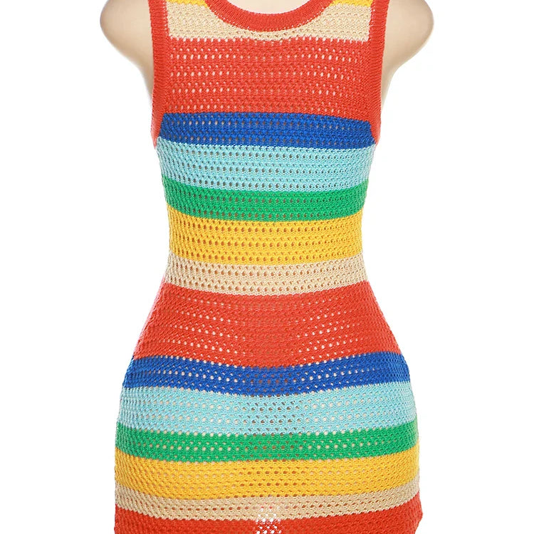 Sisterlinda Multicolor Stripes Skinny Mini Dresses Women Sleeveless O-Neck Body-Shaping Hip Skirts Ladies Party Clubwear Outfits