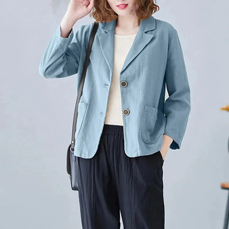 Ladies Cotton Linen Blazer Outerwear Korean Female Short Long Sleeved Suit Coat Spring Autumn Women Loose Fitting Blazer Jacket Blue