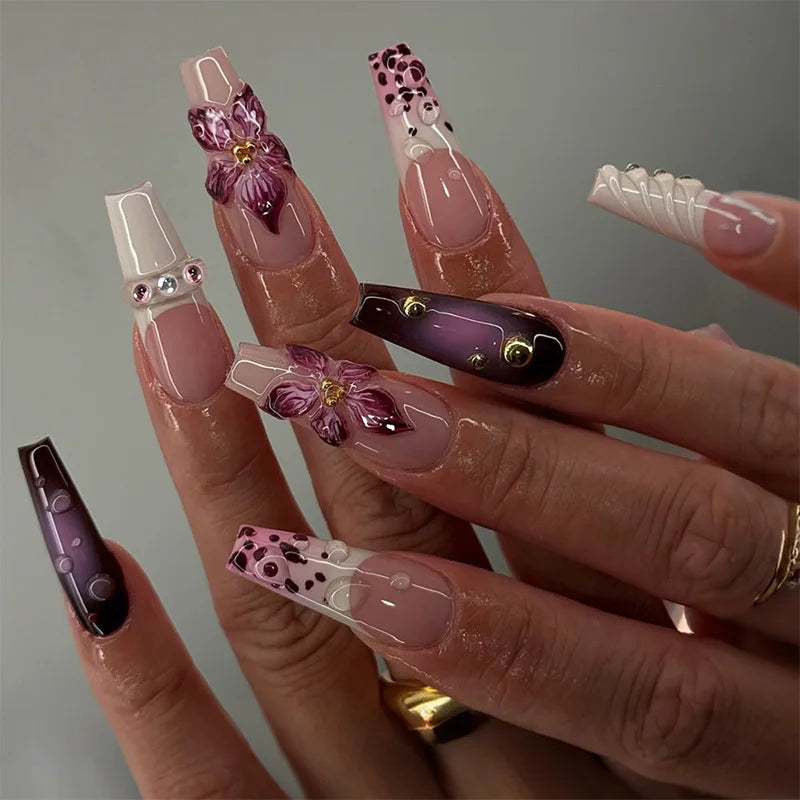24Pcs Long Square Head Nails Set Press on Leopard Print French Fake Nails 3D Flower Rhinestone False Nails Reusable Manicure Tip