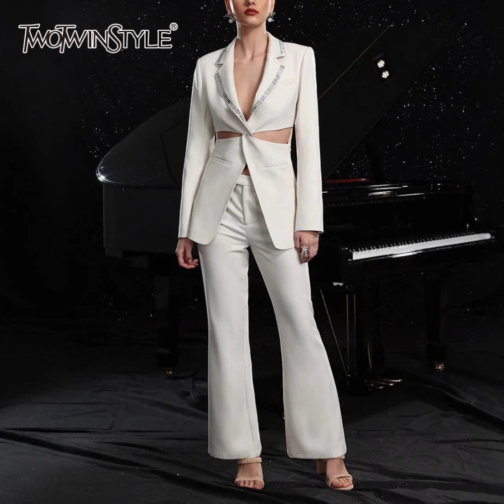 TWOTWINSTYLE Solid Hollow Out Elegant Two Piece Sets for Women Lapel Long Sleeves Spliced Hot Fix Top High Waist Pant Set Female