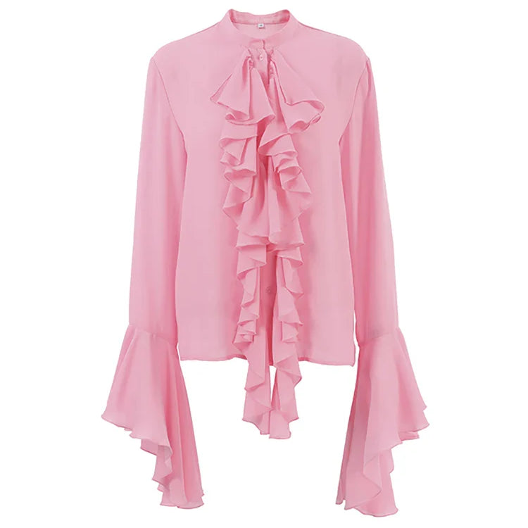 Mnealways18 Chiffon White Ruffled Shirts For Women Flare Sleeve Oversize Laminated Flounces Elegant Blouses And Tops Spring 2024 Pink