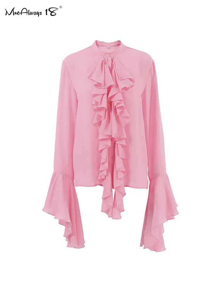 Mnealways18 Chiffon White Ruffled Shirts For Women Flare Sleeve Oversize Laminated Flounces Elegant Blouses And Tops Spring 2024 Pink