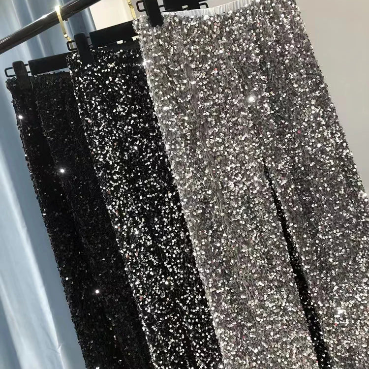 Y2k Pants Woman Elastic Waist Sequins Wide Leg Trousers Shiny Full Length Straight Female High Street