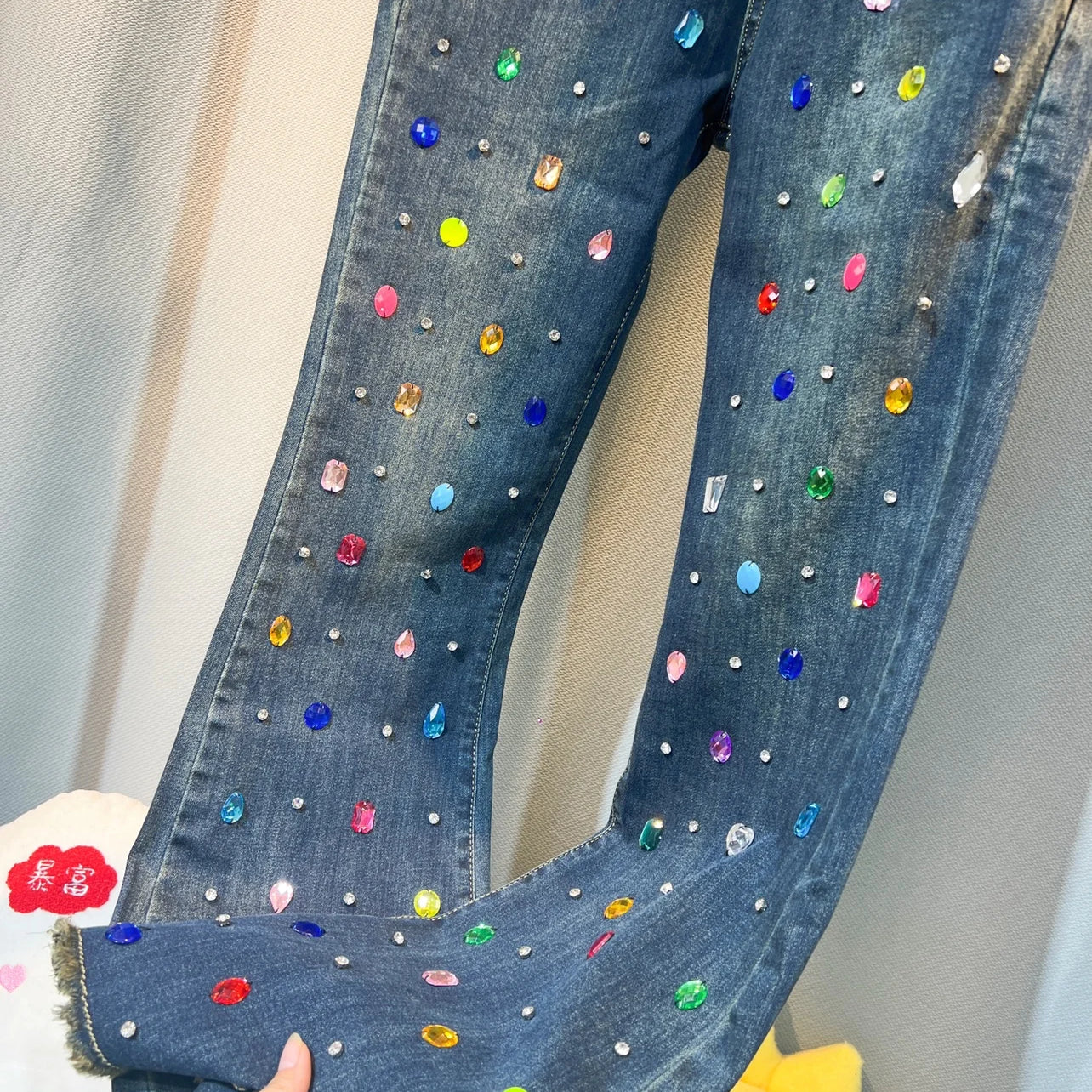 Niche Design Exquisite Rhinestone Beaded Bell-Bottom Denim Pants Women's Autumn and Winter Slimming Skinny Jeans High Waist Blue