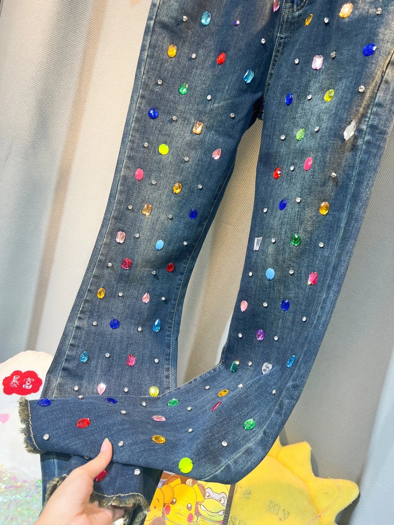 Niche Design Exquisite Rhinestone Beaded Bell-Bottom Denim Pants Women's Autumn and Winter Slimming Skinny Jeans High Waist Blue