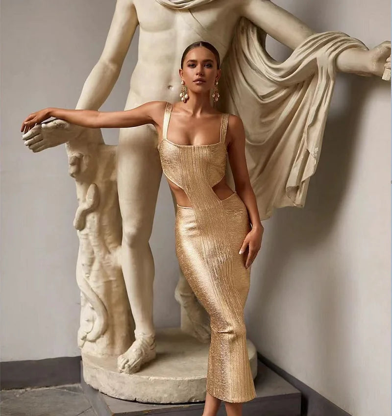 Vestido de festa elegante com estampa de rayon e ouro prateado, com estampa de celebridades