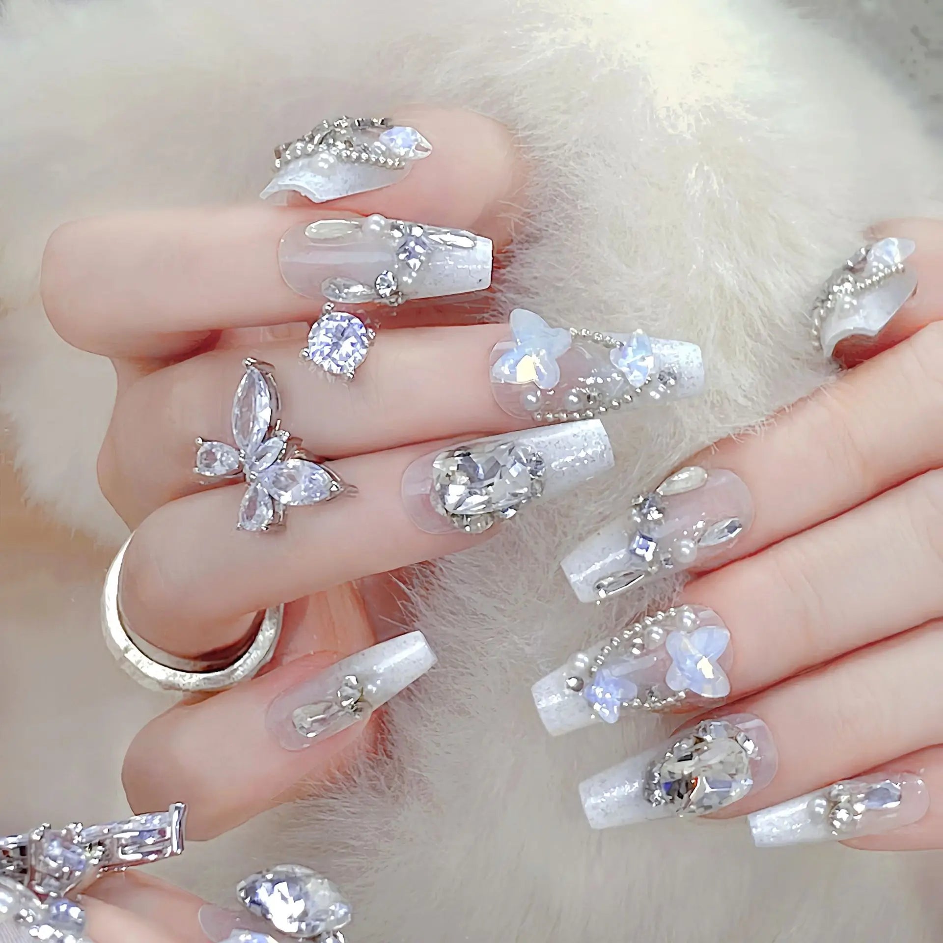 24pcs Love Crystal Decor Press on Nails Pink Bow Design Fake Nail Tips Bride Wedding Wearable Shiny Coffin Head Fake Nails