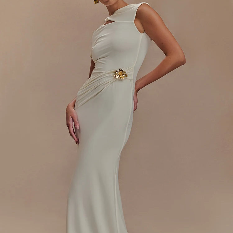Hollow Out Gold Clasp Sexy Maxi Dress For Women Gown Solid Sleeveless Backless Ruched Bodycon Club Long Dress Elegant