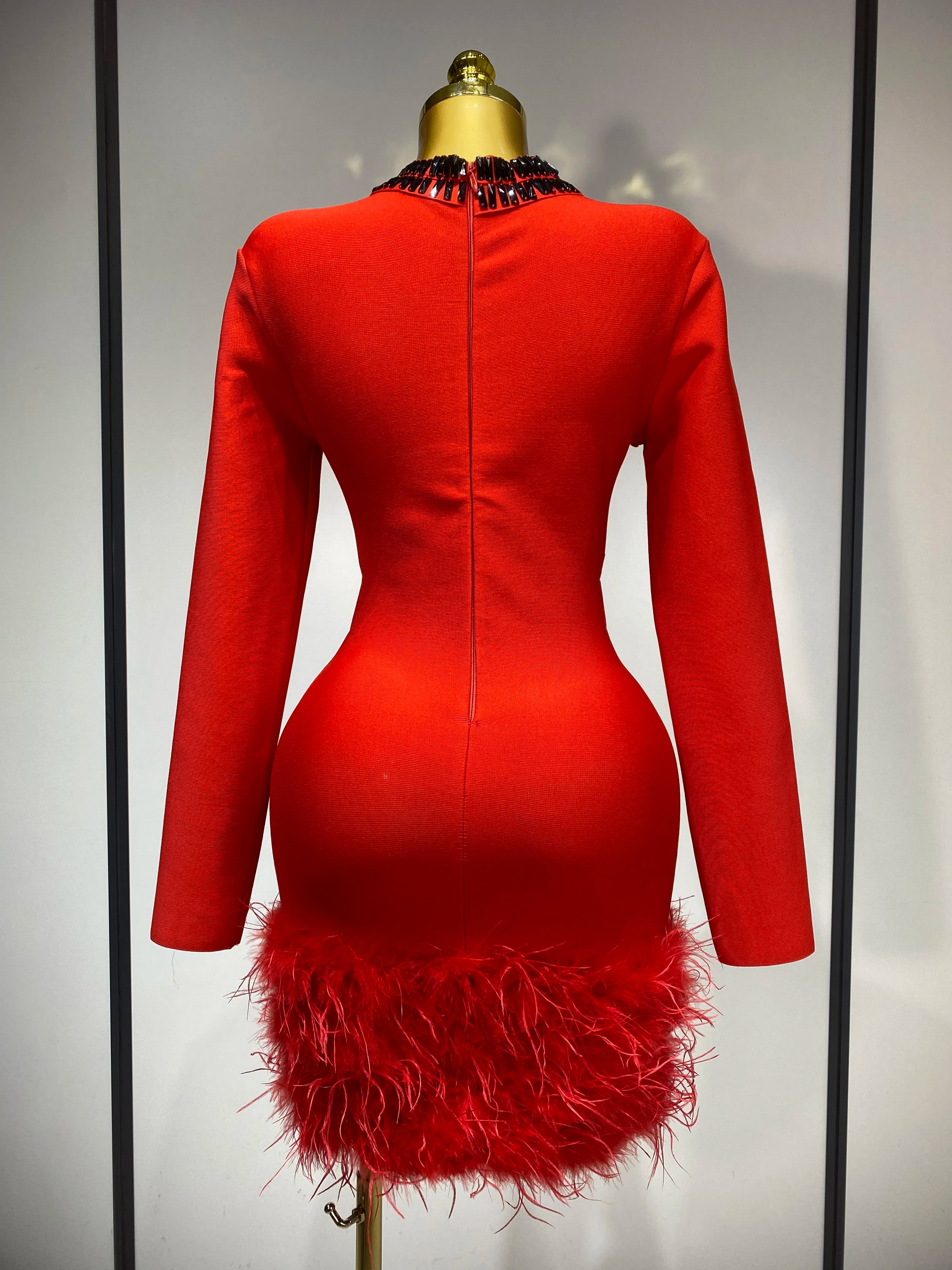 Women Sexy Cut Out Long Sleeve Beading Feather Red Mini Bandage Dress Celebrity Elegant Evening Party Luxury Birthday Dresses