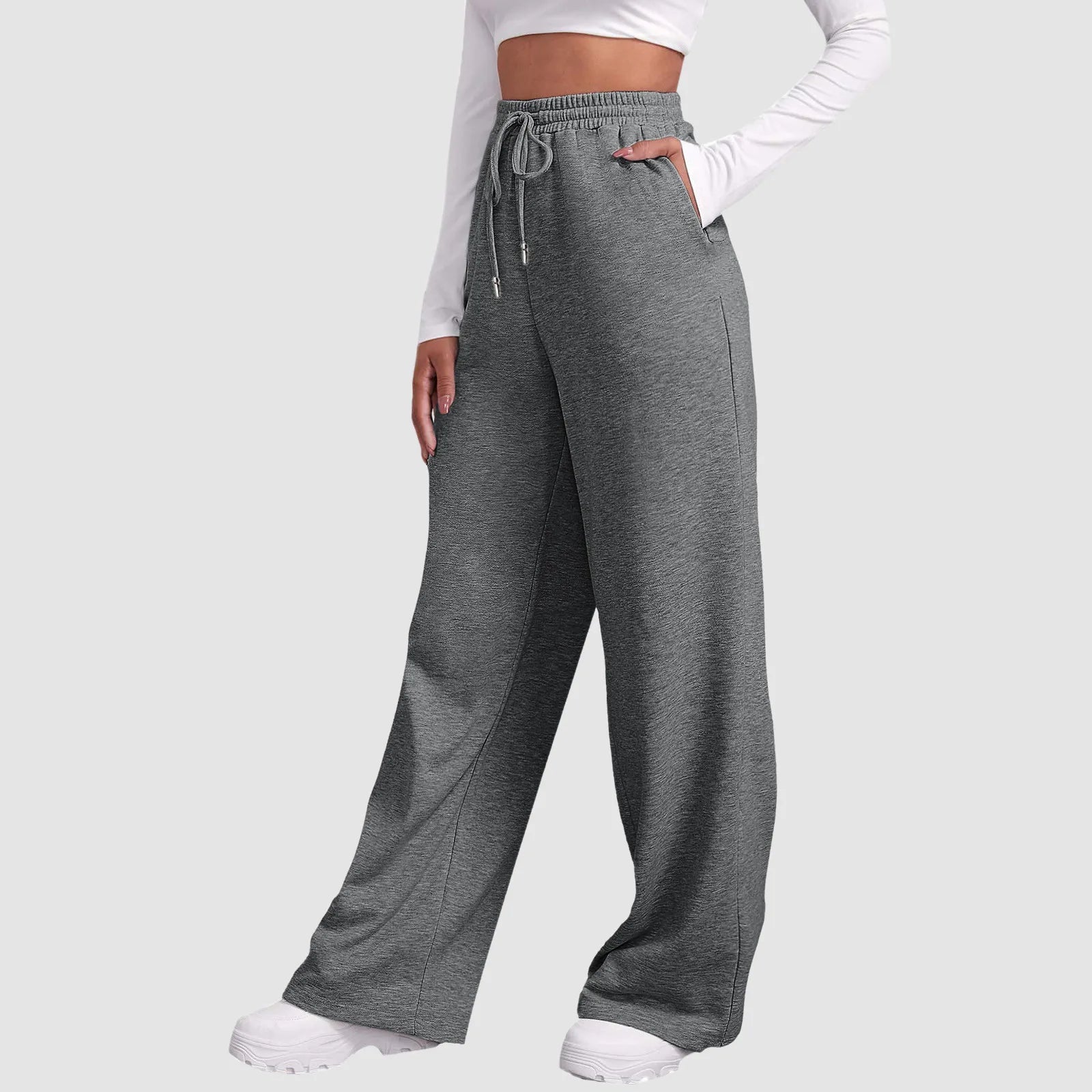 Wide Leg Pants For Women’S Fleece Lined Sweatpants Straight Pants Bottom All-Math Plain Fitness Joggers Travel Basic Pants Grey-A CN