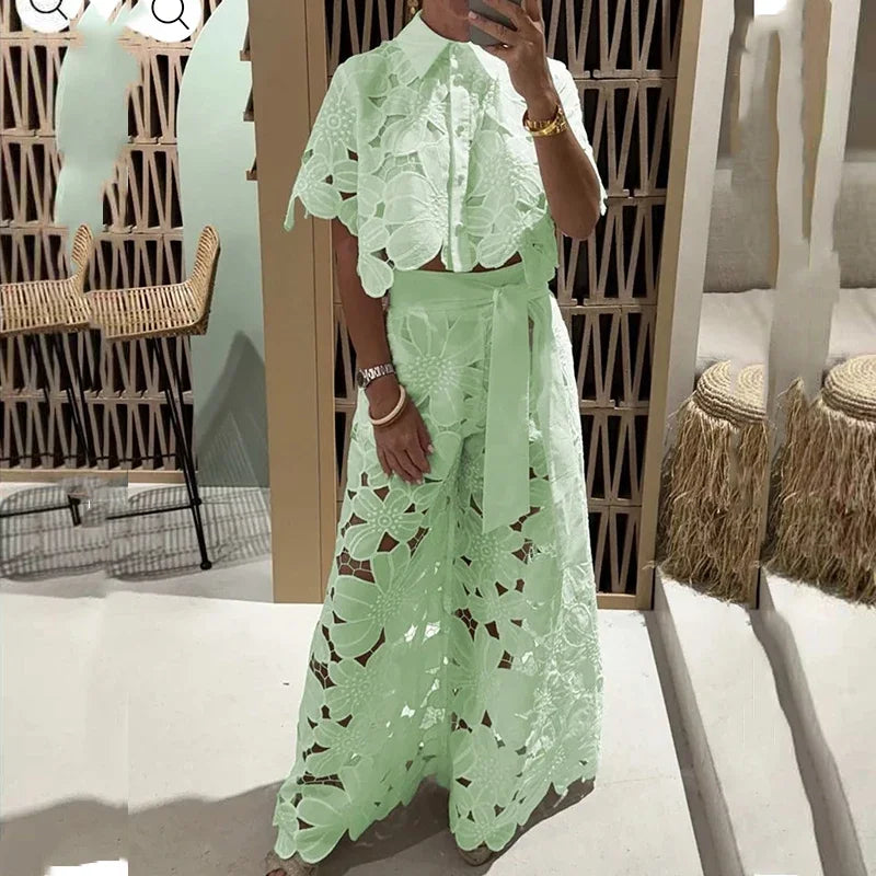 Sexy Women Lace Embroidery Hook Flower Hollow 2 Pieces Summer Temperament Solid Color Tailored Collar Top+Wide Leg Pants Suit A3 Green