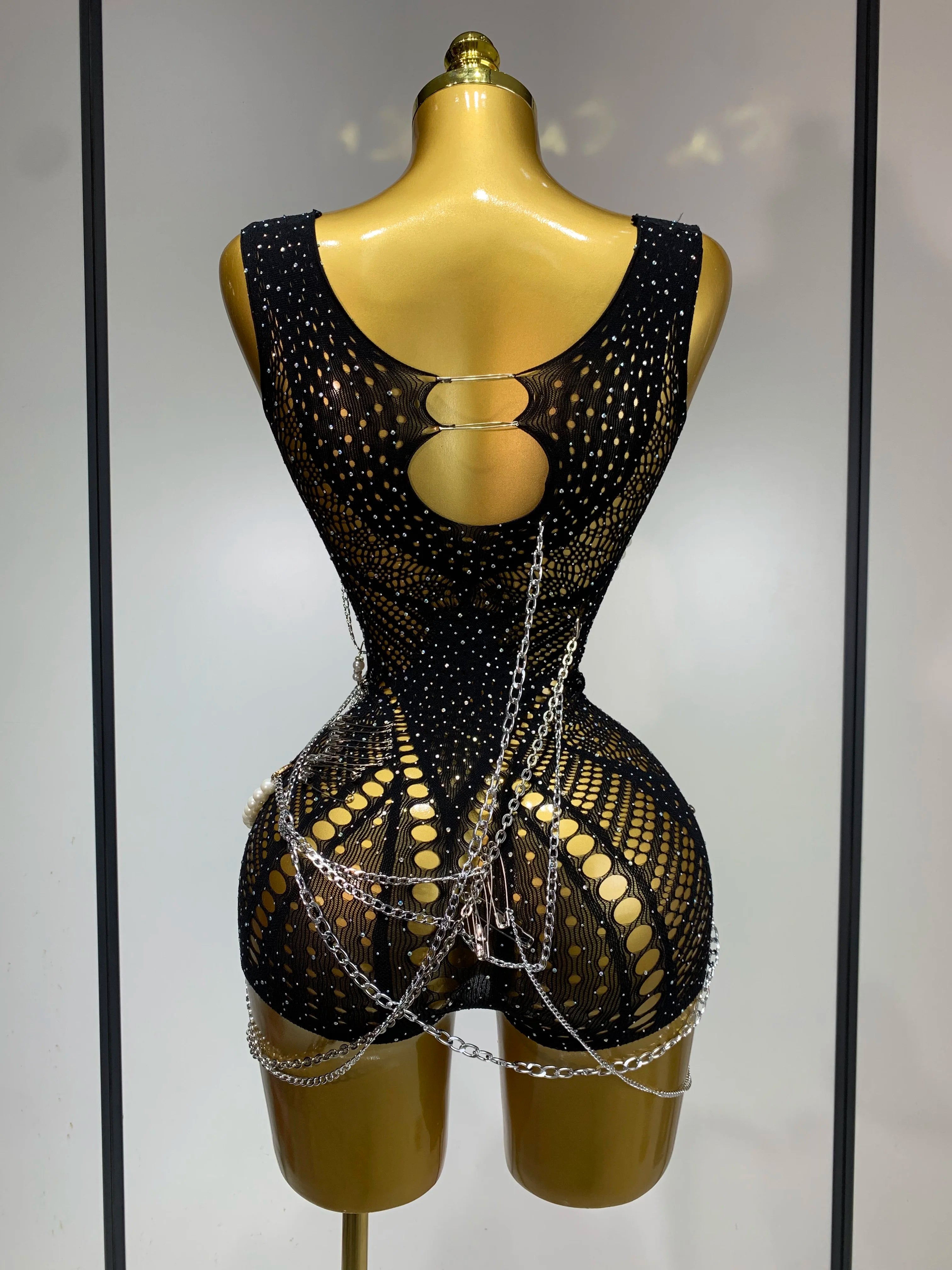 Macacão feminino elástico sexy com recortes de cristal brilhantes para boate DJ, roupa para cantoras e dançarinas