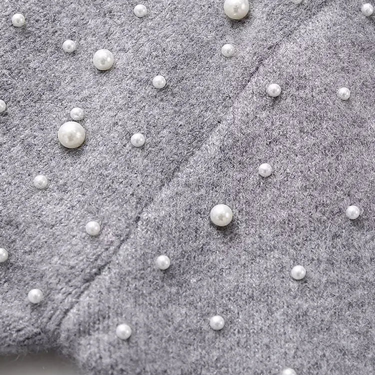 Fashion Knitted Pearl Bomber Jackets Women Vintage O-Neck Front Zipper Long Sleeved Female Coat Top Lady Grey Cropped Cardigan
