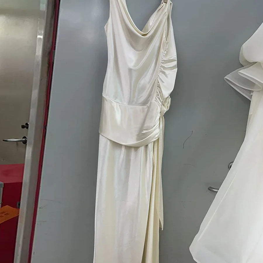 Solid Sliced 3D Flower Split Dresses for Women Swinging Collar Sleeveless Patchwork Folds Backless Dress Female New