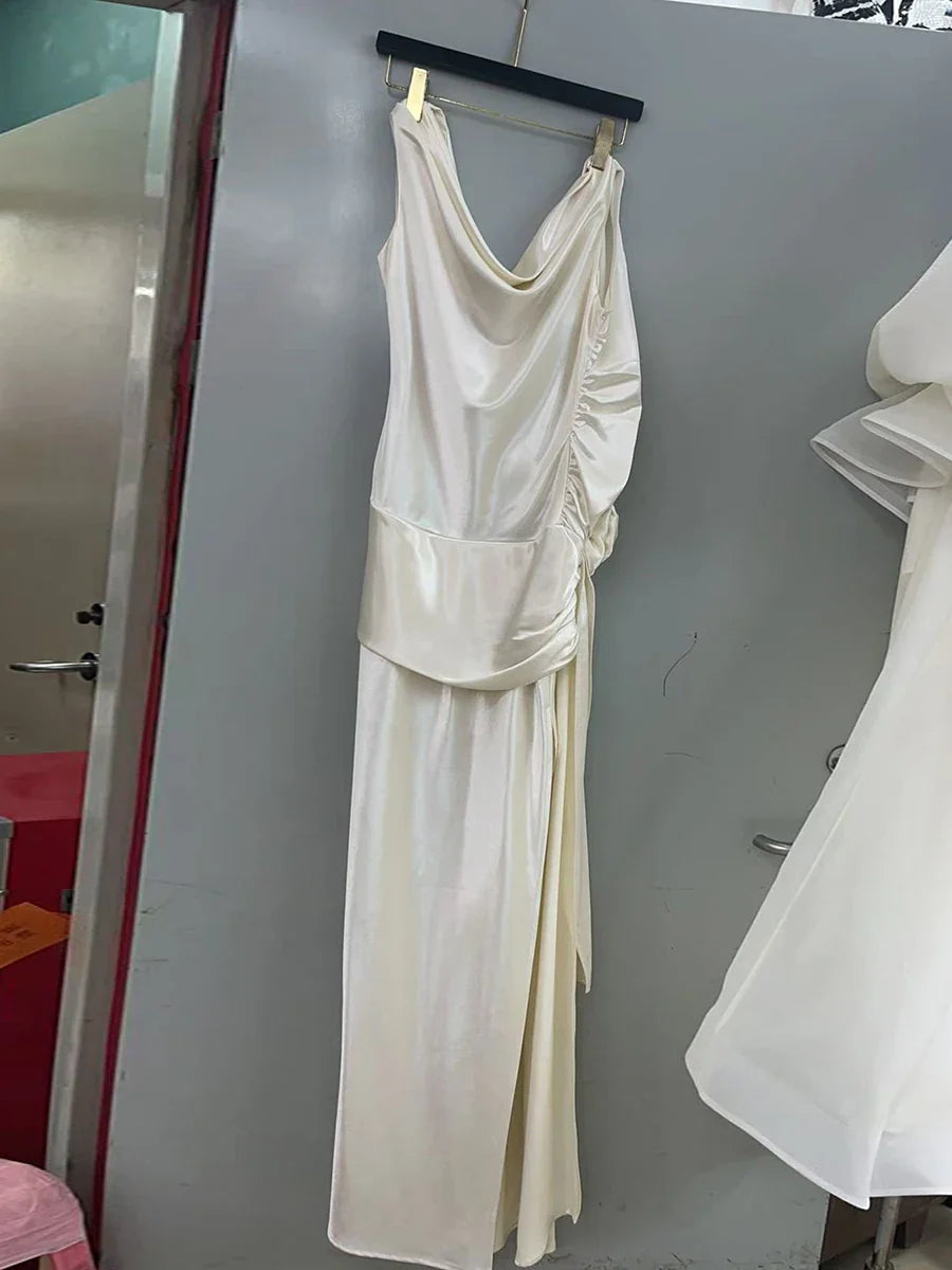 Solid Sliced 3D Flower Split Dresses for Women Swinging Collar Sleeveless Patchwork Folds Backless Dress Female New