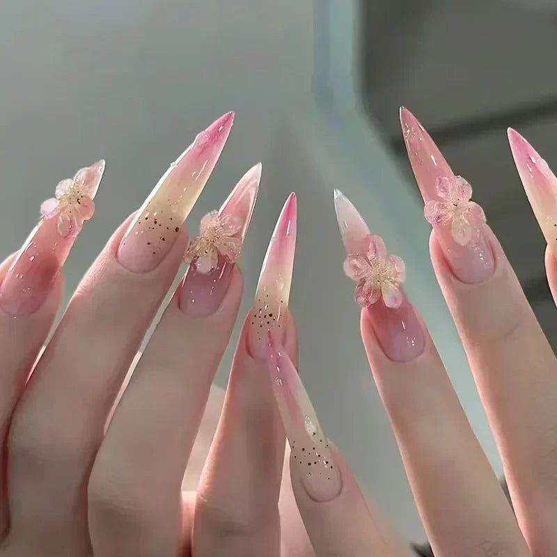 24Pcs French False Nails With Purple Edge  Almond Bow Flower Design Detachable Acrylic Fake Nails Long Stiletto Press On Nails