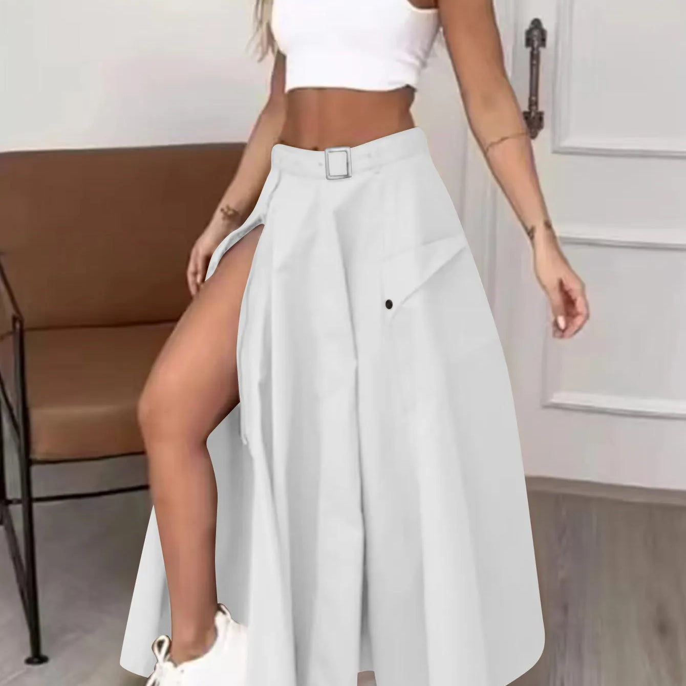 CM.YAYA Women Fashion Pocket Front Zipper Slit Slim High Waist Maxi Skirt Streetwear Casual Safari Solid Long Skirts White