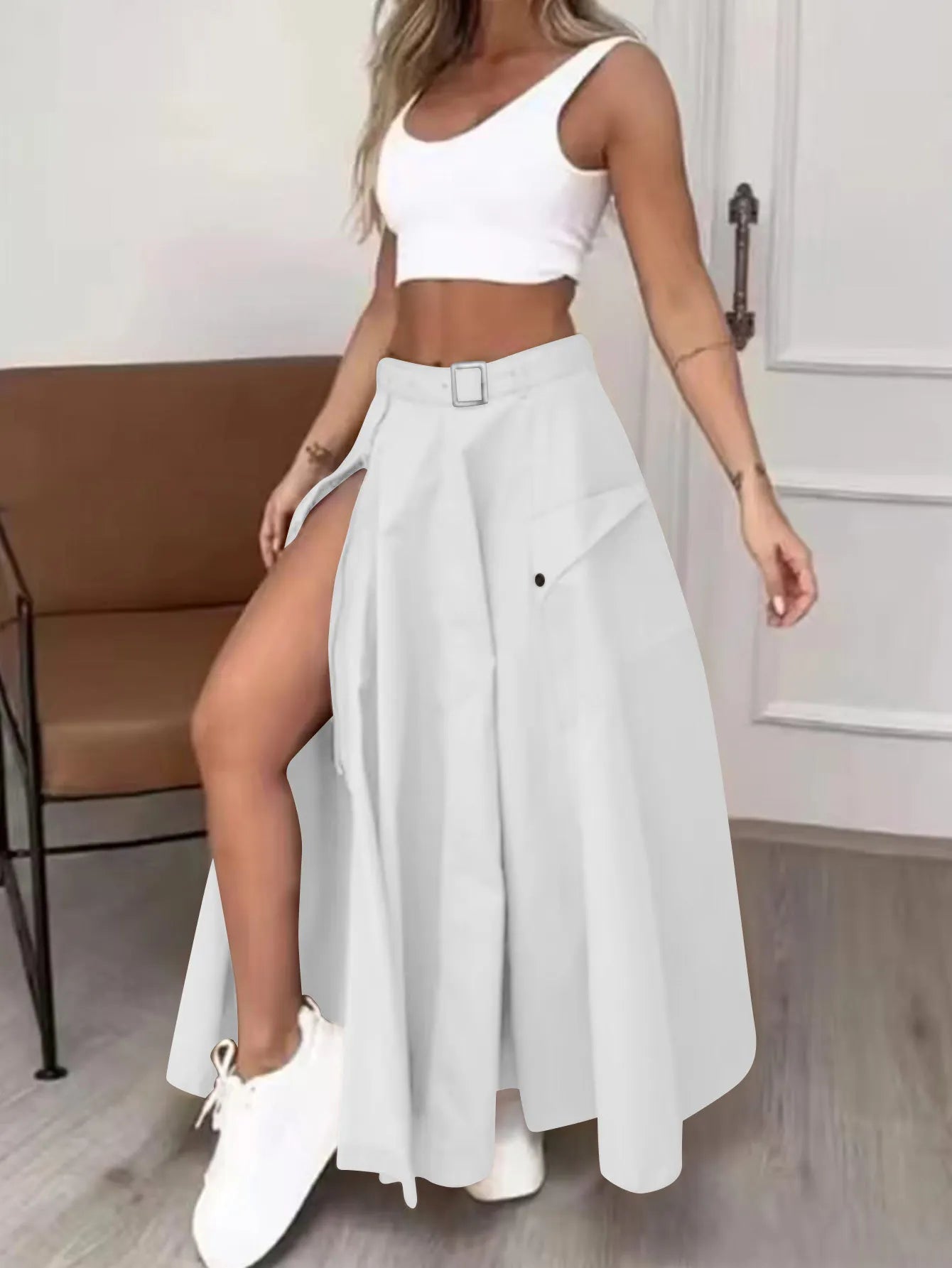 CM.YAYA Women Fashion Pocket Front Zipper Slit Slim High Waist Maxi Skirt Streetwear Casual Safari Solid Long Skirts White