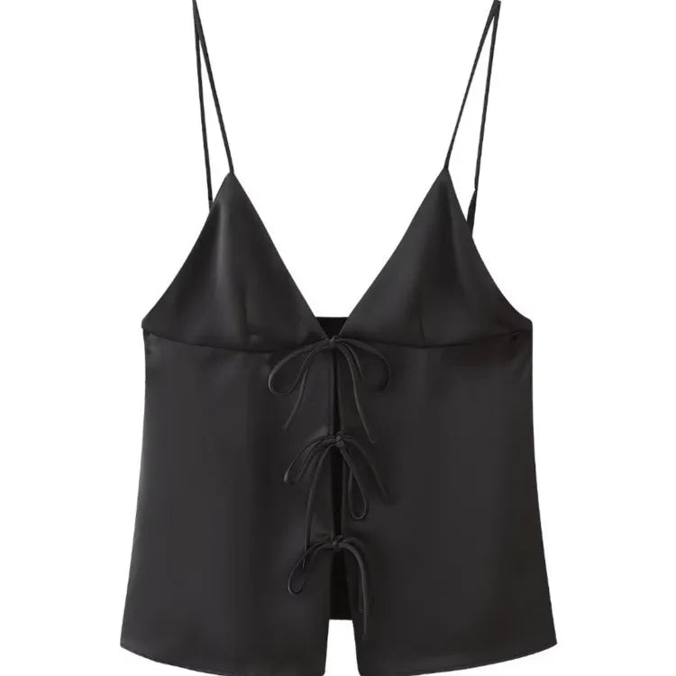 TRAF New Style Bowknot Tied Women Camis Summer V Neck Straps Tanks Sleeveless Backless Sexy Tanks Slim Female Crop Top Y2K B
