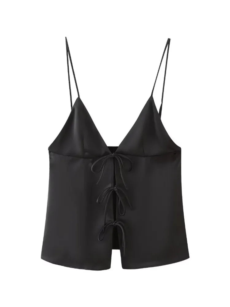 TRAF New Style Bowknot Tied Women Camis Summer V Neck Straps Tanks Sleeveless Backless Sexy Tanks Slim Female Crop Top Y2K B