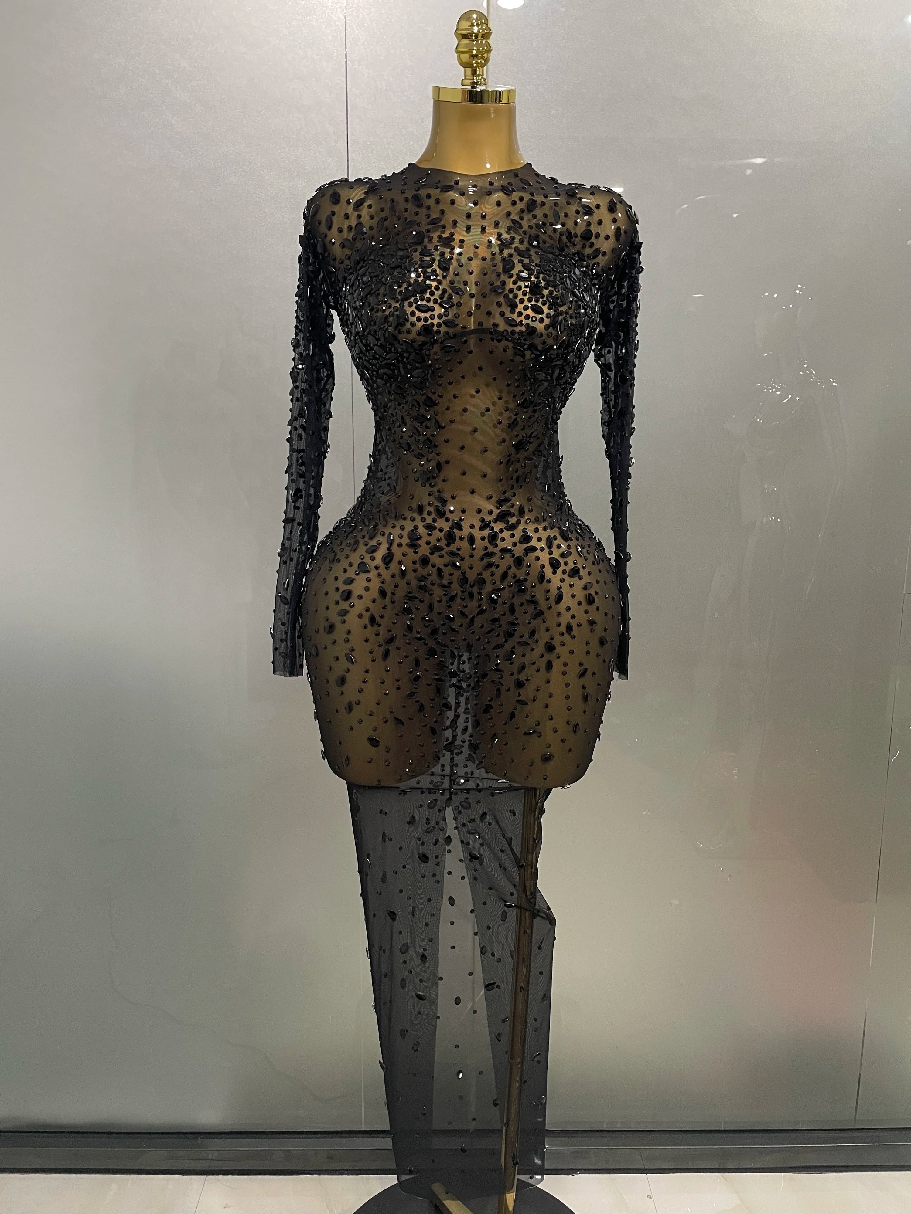 Sexy Shinny Rhinestone Stretch Mesh Transparent Long Dress 2025New Women Evening Birthday Party Prom Nightclub Singer Stage Wear