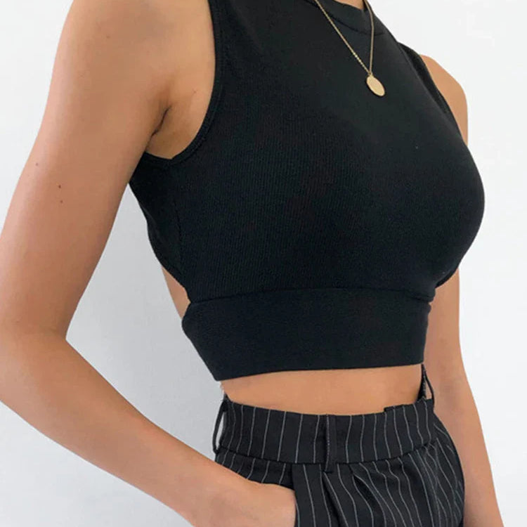 Sexy backless women tank top bandage slim crop top summer casual streetwear tops solid cotton soft criss cross top black