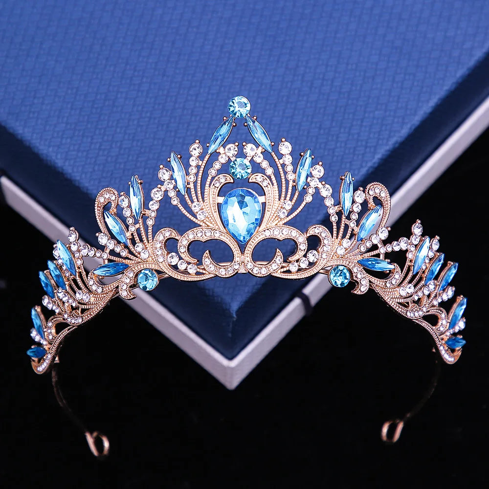 6 Colors Elegant Korean Girls Crystal Tiara Crown For Women Party Wedding Princess Rhinestone Bridal Crown Hair Jewelry gold sky blue