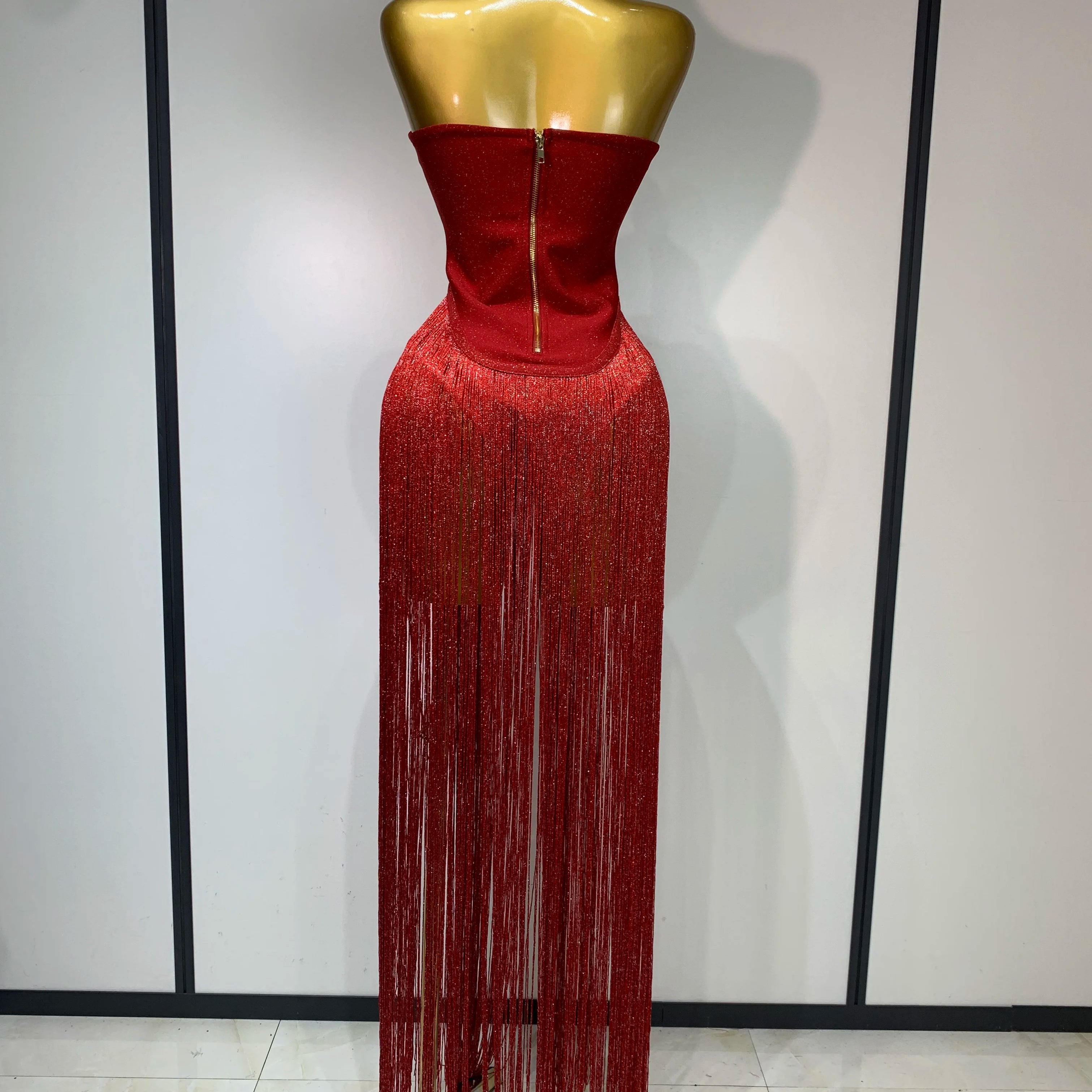 Fashion Design Long Tassel Patchwork Strapless Bandage Bodysuit Women Sexy High Street Evening Party Nightclub Hotwife Outfit