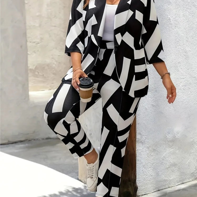 Plus Size Autumn Graffiti Print 2 Two Piece Set Women Long Sleeve Modis Ladies Blazer Suits Casual High Waist Woman Pencil Pants