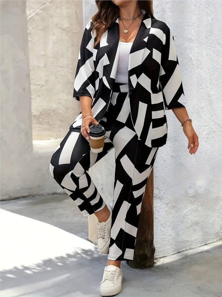 Plus Size Autumn Graffiti Print 2 Two Piece Set Women Long Sleeve Modis Ladies Blazer Suits Casual High Waist Woman Pencil Pants