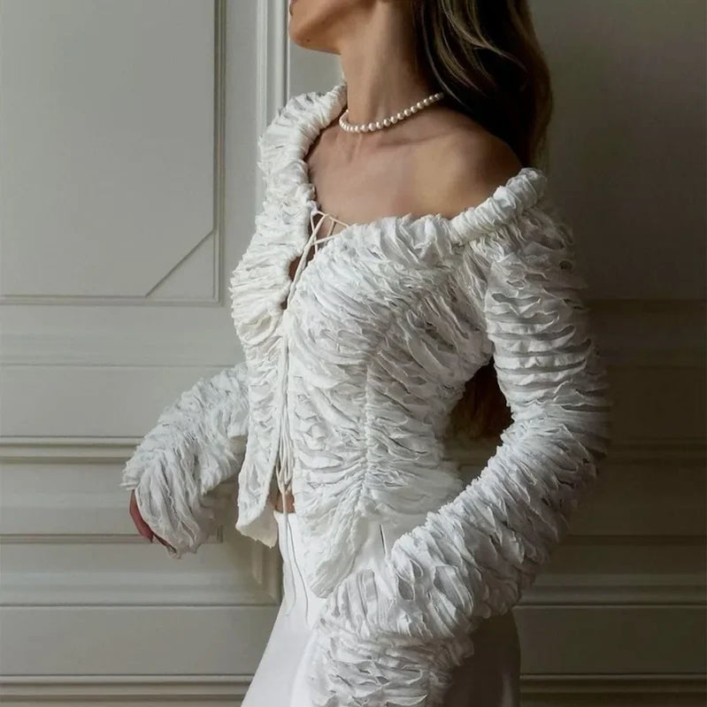 Talenza White Hollow V-neck Top Cardigan Women's Sexy Strappy Solid Color Long Sleeve Top Cardigan Casual Smocked Cardigan Top