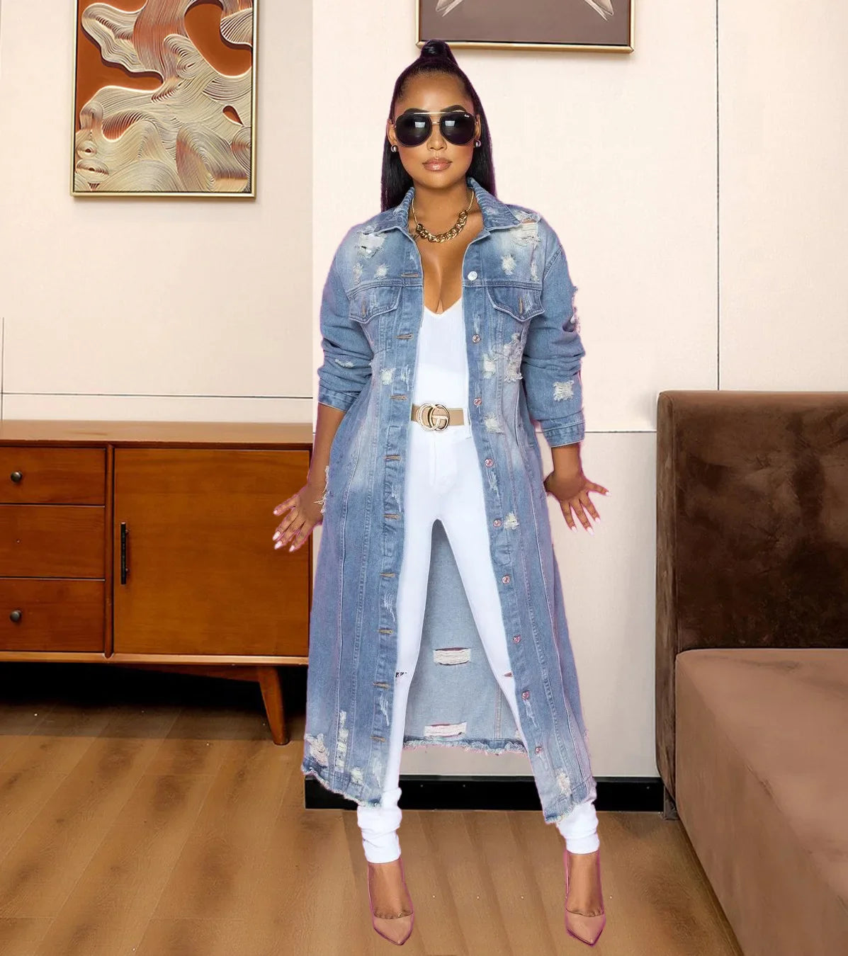 Women's Denim Jacket Fashion Spring Ladies Windbreaker Long Sleeve Ripped Jacket Cardigan Denim Cloak