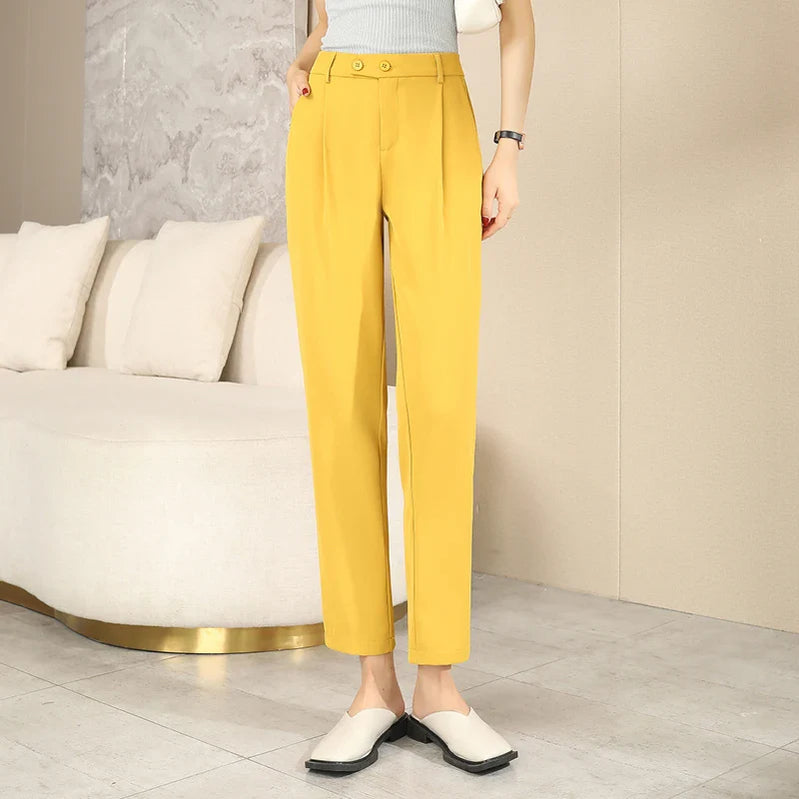 Women's Summer New Solid Fashion Thin High Waist Casual Straight Loose Button Pocket Ruched Suit Harlan Small Feet Pants Yellow