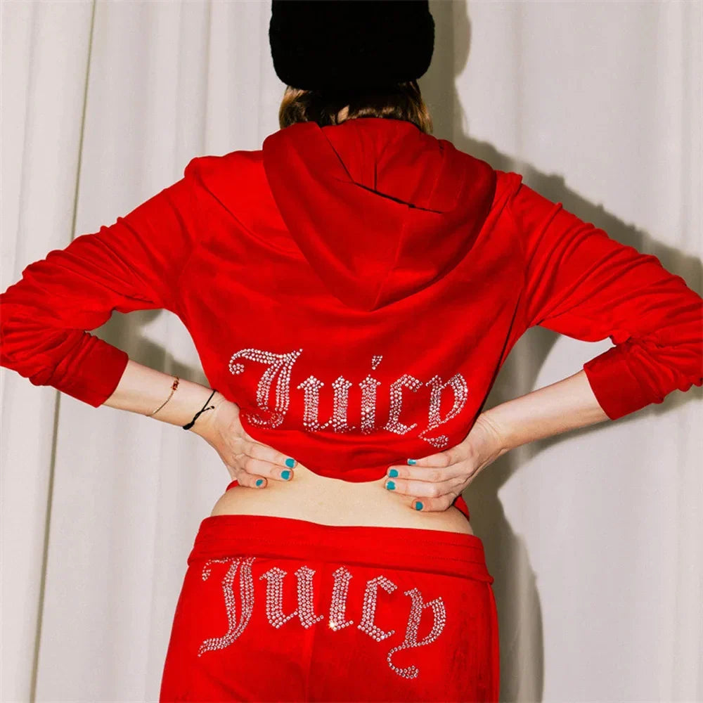 Velour Tracksuit Women Long Sleeve Hoodie Juicy Bling Shine Tops+Pants Two Piece Diamond Logo Print Casual Workout Clothes Red