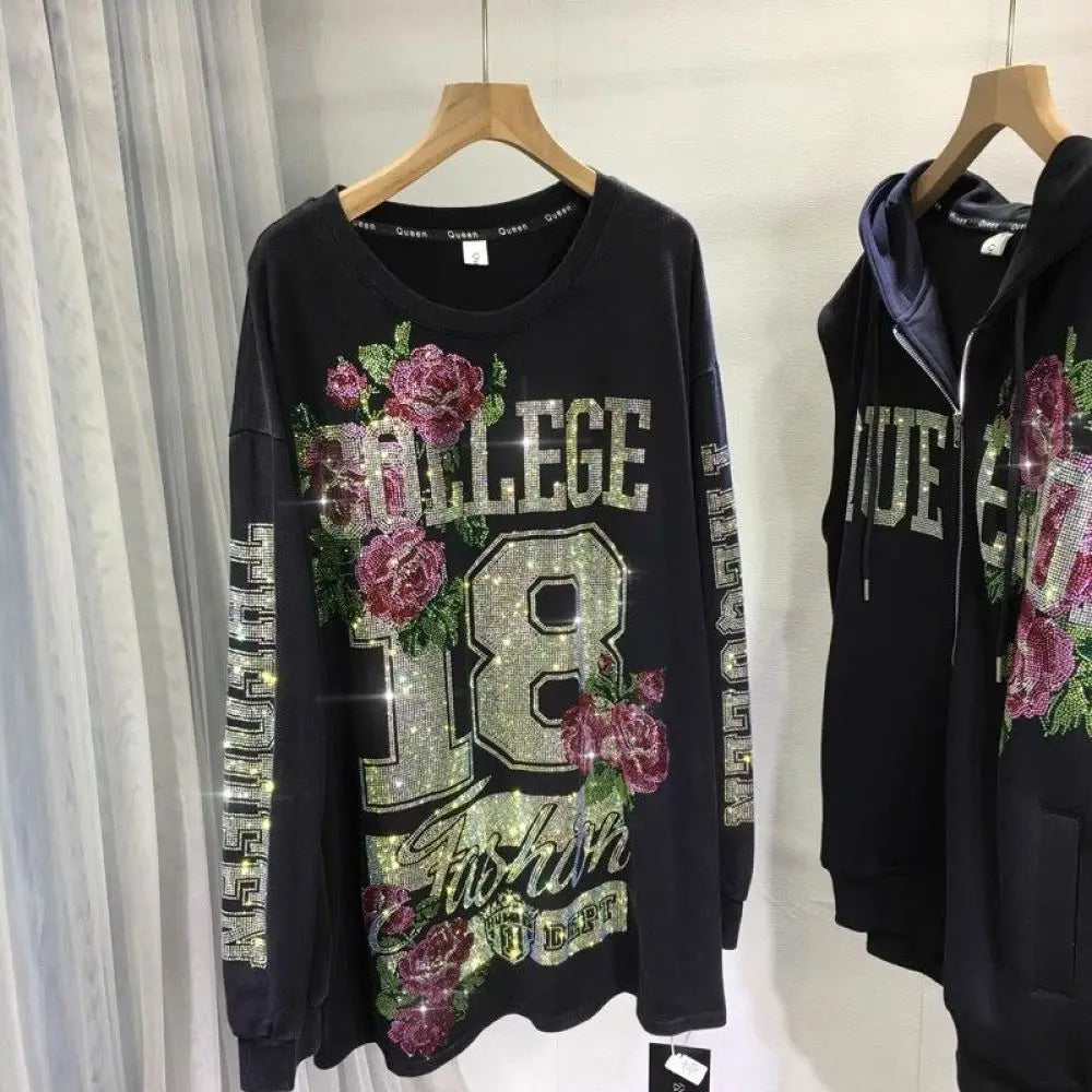 L-4XL 150 kg Diamante de lujo Estampado de sudaderas de talla grande